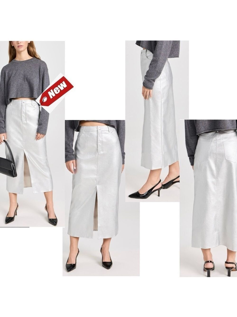 WAYF metallic silver faux leather high waisted midi pencil skirt front slit M